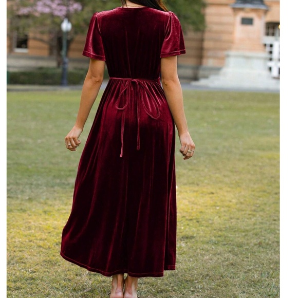 Classic Solid Velvet Wide tie Puff Shoulder Sleeve Party Evening Dress - Picture 4 of 10